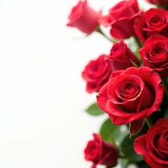 Fototapeta premium Red roses unfold petals softly against white backdrop, bloom, nature, blossoms