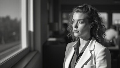 Obraz premium Woman in a white blazer gazes thoughtfully out the window in a sunlit office during the afternoon