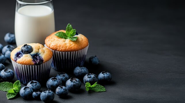 A delightful arrangement of freshly baked blueberry muffins beside a glass of milk, presenting a cozy scene perfect for a comforting snack and evoking feelings of nostalgia.