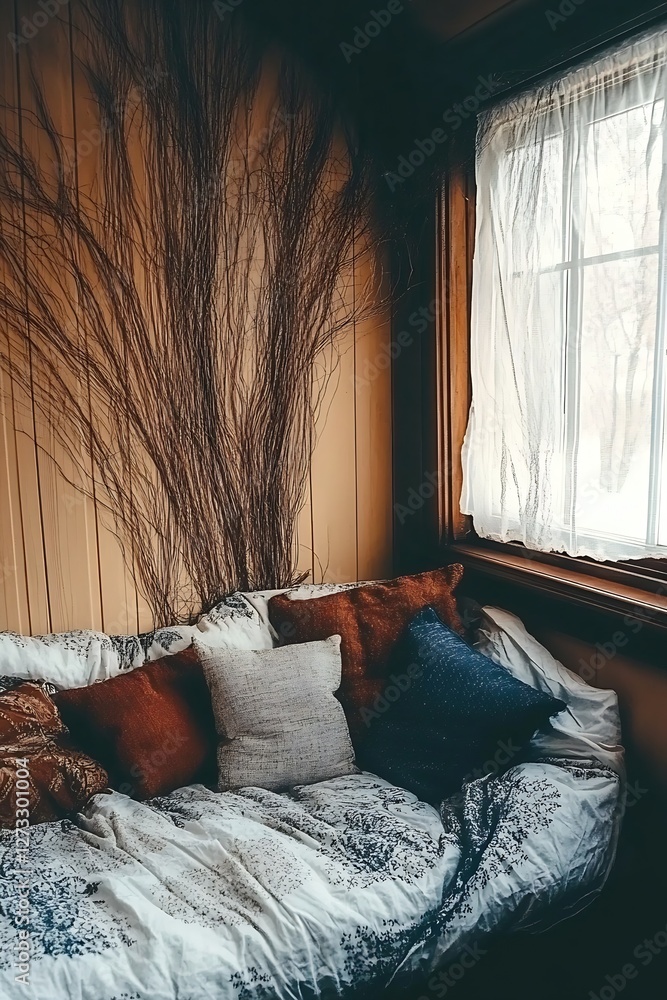 Poster stylish corner with soft textiles and warm color palette inviting relaxation : generative ai