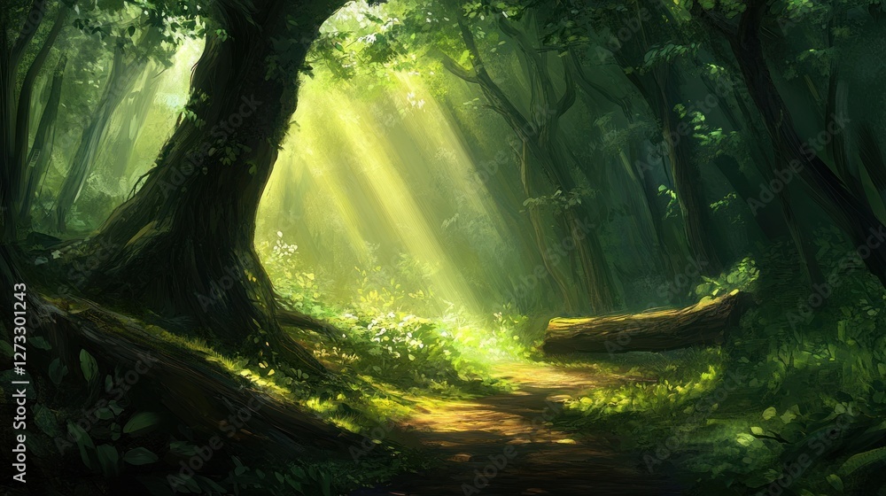 Poster sunlight pierces a dense forest illuminating a winding path below