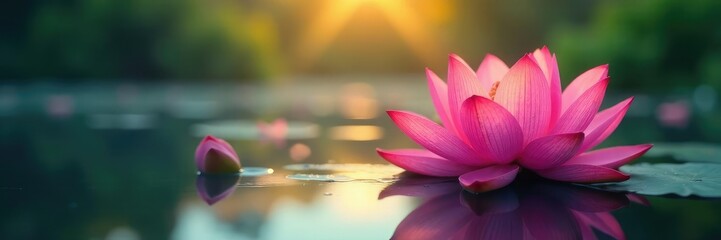 Fototapeta premium Radiant full bloom lotus on a serene lake surface, harmony, lotus flower, landscape
