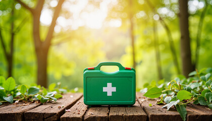 Eco-friendly first aid kit in scenic woodland, nature and health focus