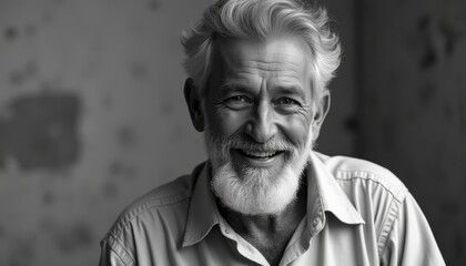 Smiling elderly man showcases wisdom and character in a black and white portrait