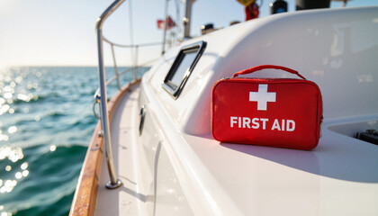 First aid kit on yacht deck in bright sunlight, marine safety theme