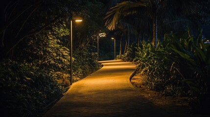 Obraz premium A peaceful pedestrian path at night, lined with stylish lampposts and lush greenery.