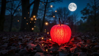 Glowing enchanted apple in fantasy forest under mystical moonlight, magic
