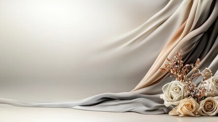 Elegant minimalist floral arrangement with draped fabric backdrop indoor setting still life soft lighting