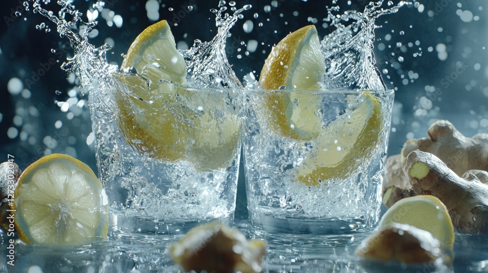 Poster a refreshing composition of lemon and ginger splashing into cool water, emphasizing hydration and de