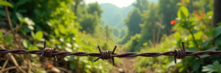 Fototapeta premium Overgrown landscape with twigs caught on barbed wire, woody debris, thorny vegetation