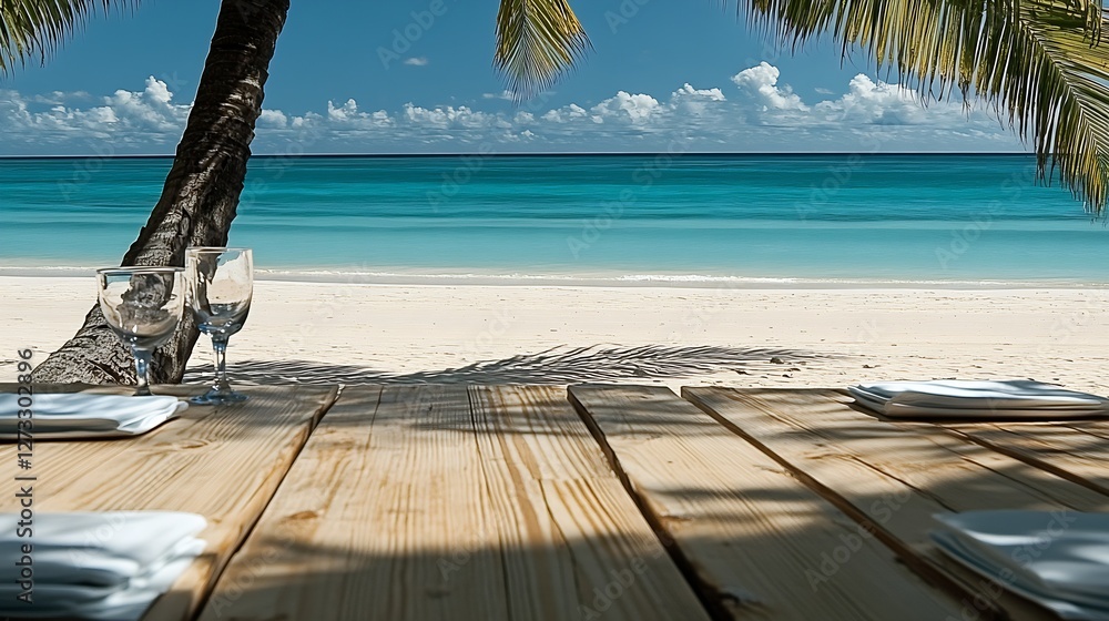 Poster beautiful tropical beach dining setup with stunning ocean view and palm trees under bright sun : gen