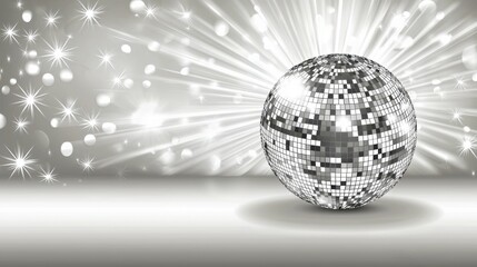 A shimmering silver disco ball reflecting dazzling light patterns, creating a festive and energetic scene.