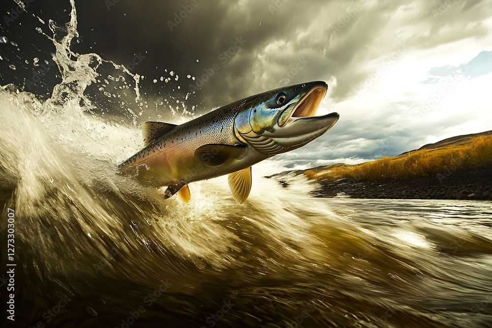 Poster Dynamic trout soaring above the river creating a mesmerizing splash under moody skies : Generative AI