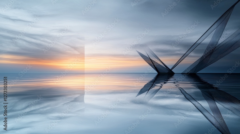 Aufkleber Converging lines reflecting sunset over calm waters abstract art minimalist design tranquil environment