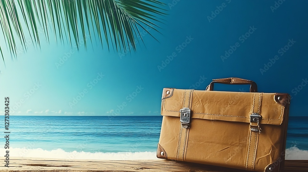 Aufkleber vintage leather briefcase resting on wooden surface with serene ocean backdrop and lush palm leaves 