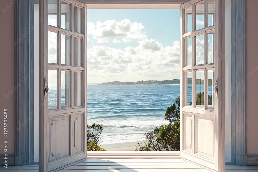 Poster idyllic ocean view from open doors with soft waves and bright summertime atmosphere : generative ai