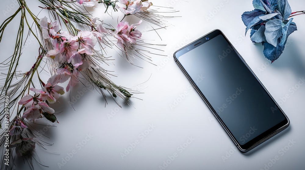 Poster top-down view of a modern smartphone in a minimalist home setting showcasing technology innovation