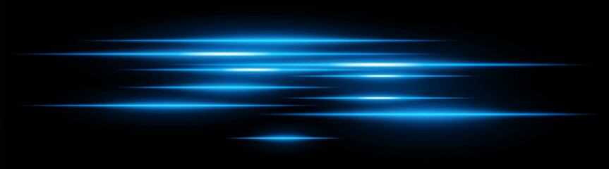 Light streaks set . Blue glowing speed lines on a black background. Futuristic motion blur effect, neon digital trails, sci-fi energy beams, and high-speed acceleration concept.