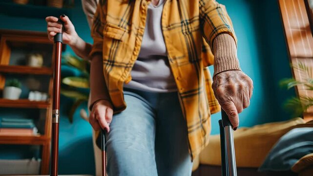 Two individuals interact in a warm indoor space, where one person provides support to a senior citizen using a mobility aid