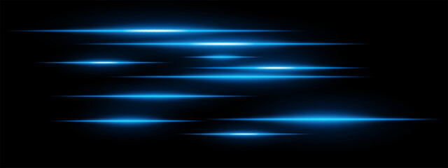 Light streaks set . Blue glowing speed lines on a black background. Futuristic motion blur effect, neon digital trails, sci-fi energy beams, and high-speed acceleration concept.