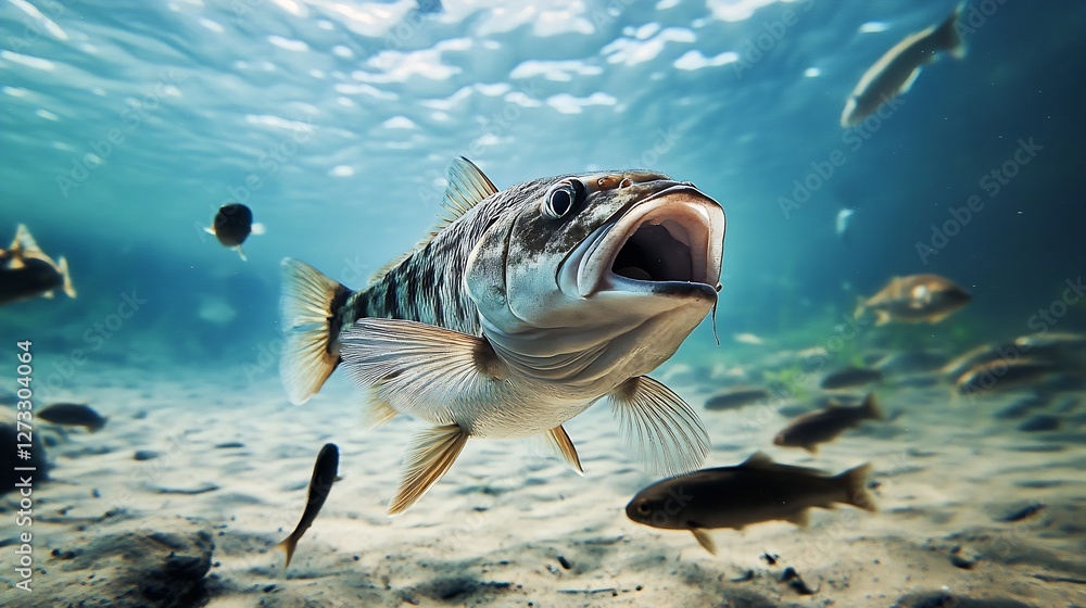 Poster Vibrant underwater image capturing a fish with its mouth wide open in a lively aquatic scene : Generative AI