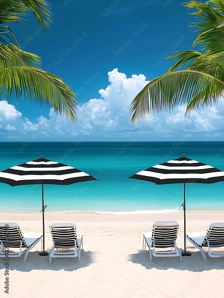 Aufkleber gorgeous view of a luxurious beach scene with striped umbrellas and lounge chairs perfect for relaxa