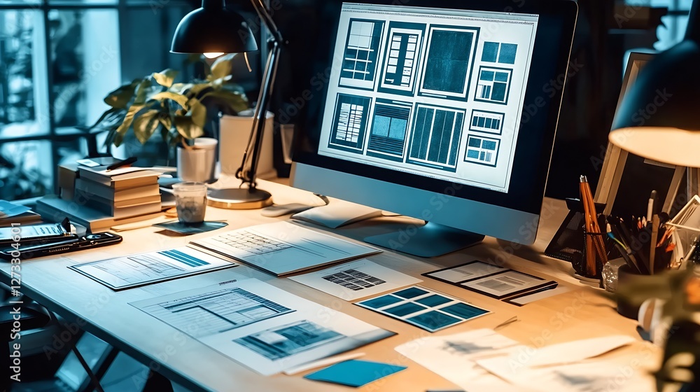 Fototapete modern workspace showcasing computer screen with design layouts and creative materials in evening li
