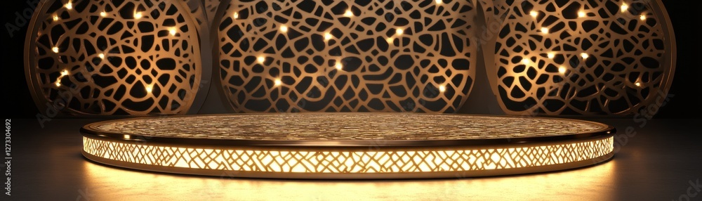 Poster ornate illuminated circular platform against a decorative panel backdrop