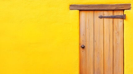 Wooden door on vibrant yellow wall, showcasing a rustic charm in a sunny environment