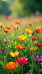 Fototapeta premium Rainbow-colored flowers in a field of tall grass, blooming, regenbogen