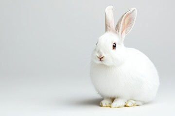 Obraz premium A cute, fluffy white rabbit sits calmly against a light background, showcasing its soft fur and alert ears.