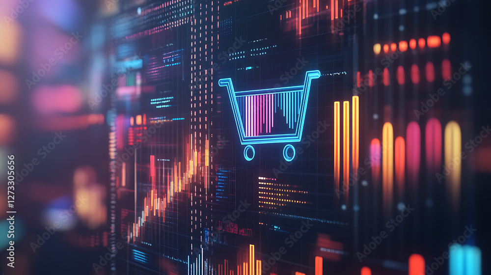 Poster a vibrant digital representation of an online shopping cart, surrounded by colorful graphs and data 