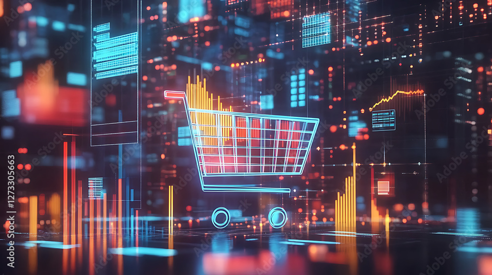 Poster a digital shopping cart is displayed against a backdrop of colorful graphs and data, symbolizing e-c