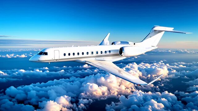 Private jet flying above clouds in blue sky, luxury travel and business aviation for executive transport, corporate flight and first class journey