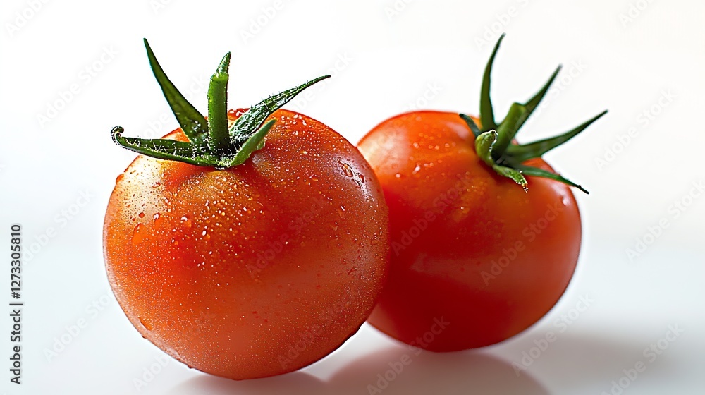 Poster two fresh red tomatoes with dew drops on white surface glimmering in light : generative ai