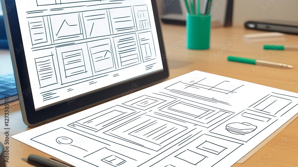 Leinwandbilder creative digital workspace featuring sketches and layouts on papers with a tablet showcasing design 