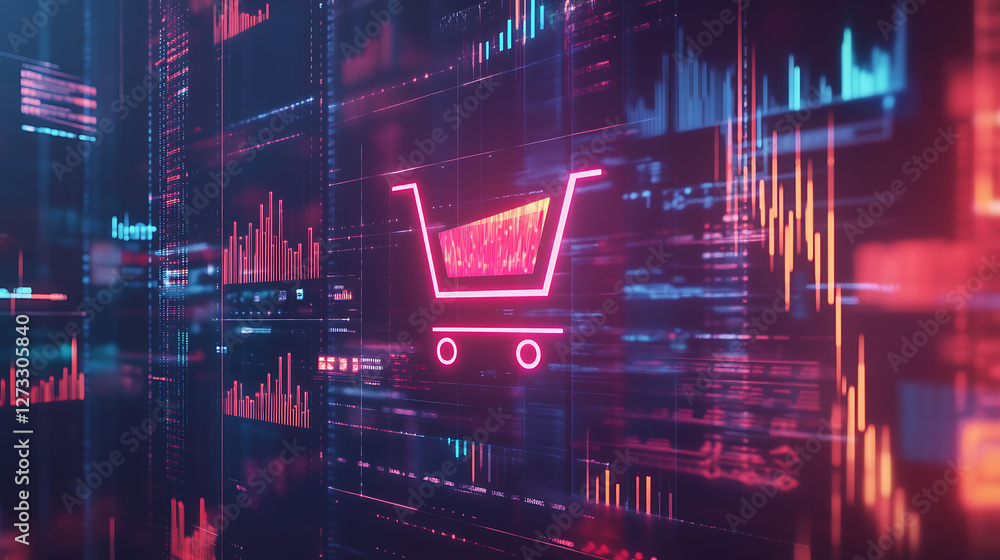 Poster a digital representation of a shopping cart icon surrounded by vibrant data visualizations, symboliz