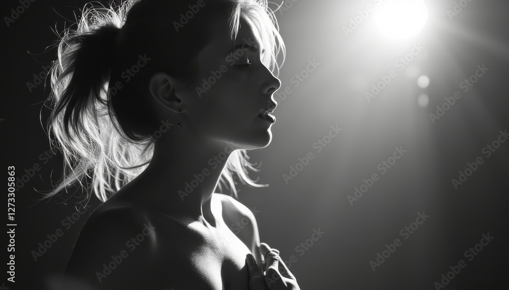 Poster Elegant side profile capturing a moment of introspection and light in a serene ambiance