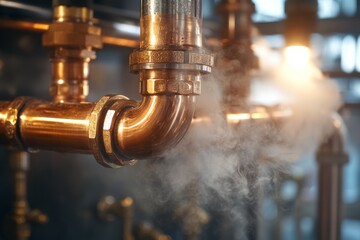 Industrial plumbing pipes with steam coming out in a mechanical setting