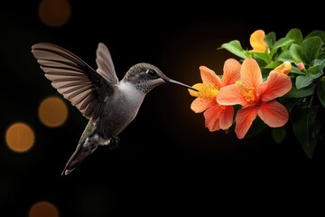 Obraz premium A hummingbird hovers near vibrant orange flowers, showcasing its iridescent feathers against a dark background.
