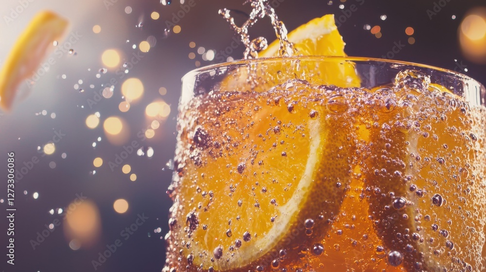 Poster a vibrant lemon ginger drink overflows in slow motion, with bubbles and citrus slices creating a ref