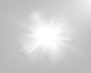 Bright white light explosion with lens flare, rainbow reflections, and sparkles on transparent background.	