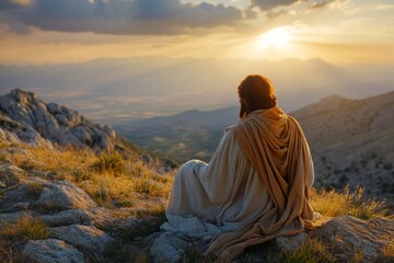 Man sitting on a rocky hilltop looking at a breathtaking mountain view