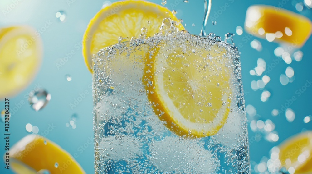 Poster a vibrant lemon ginger drink overflows in slow motion, with bubbles and citrus slices creating a ref