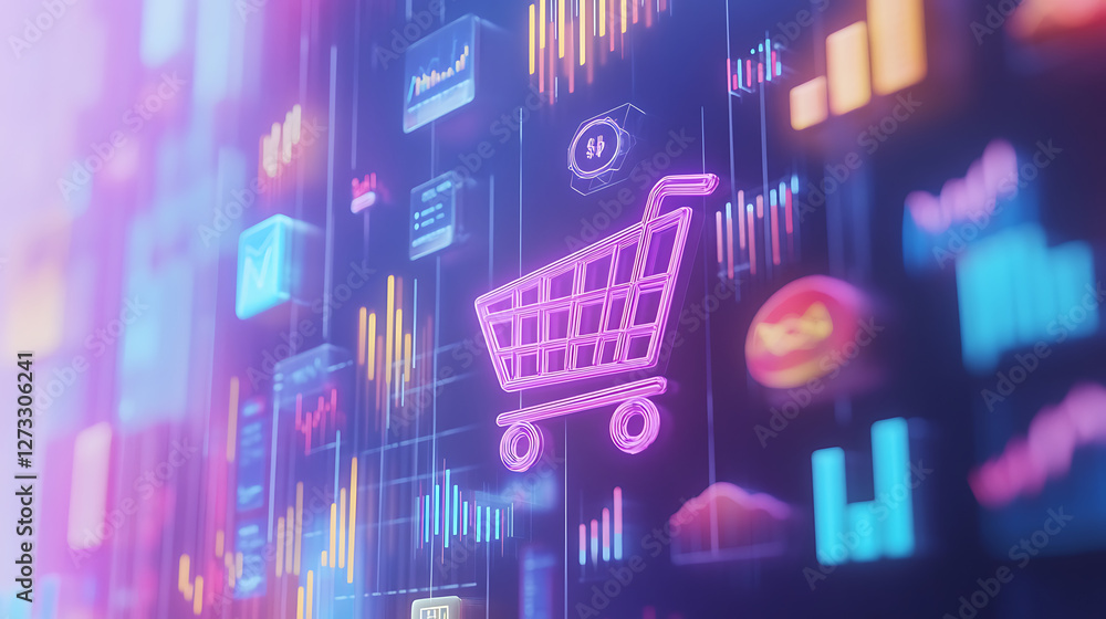 Poster a digital shopping cart icon surrounded by colorful graphs and analytics, symbolizing e-commerce and