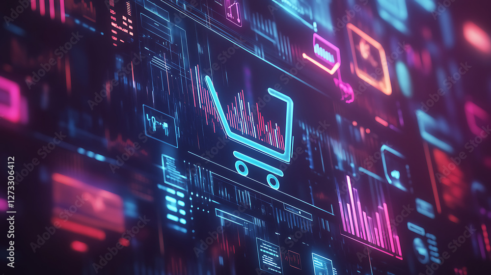 Poster a vibrant digital interface showcasing a shopping cart icon amidst colorful graphs and data visualiz