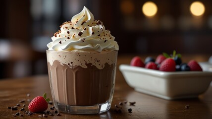 Creamy chocolate milkshake: whipped cream, chocolate shavings, warm lighting. Cinematic photo, shallow depth of field, cozy café aesthetic, indulgent and inviting treat.