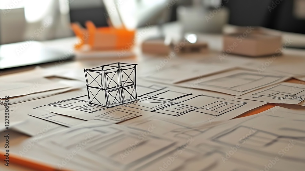 Poster Detailed architectural model sits on design sketches showcasing innovative building concepts : Generative AI