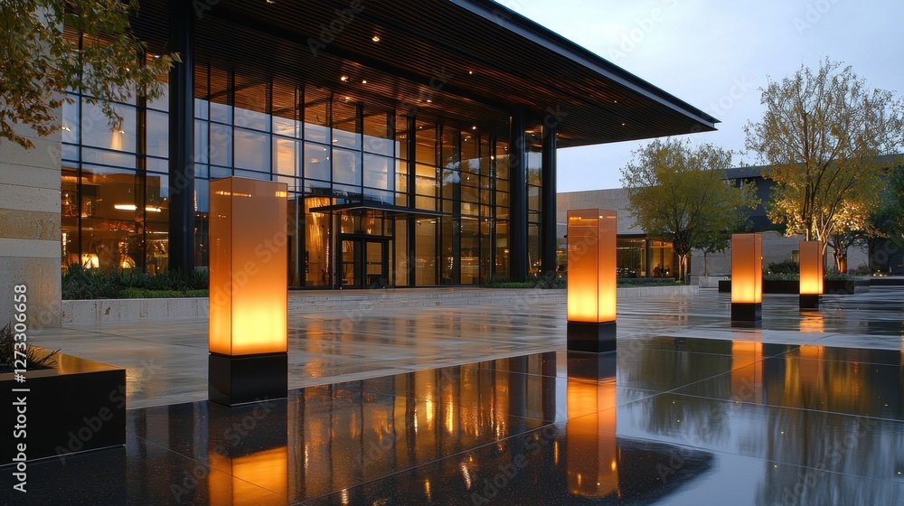 Poster an open-air modern space with glowing column lights, reflecting on smooth polished floors.