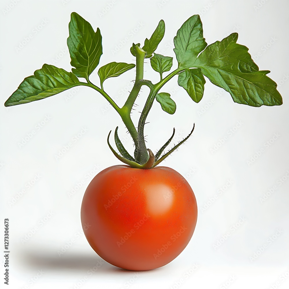 Poster ripe red tomato with green stem and leaves set against a bright background for freshness : generativ
